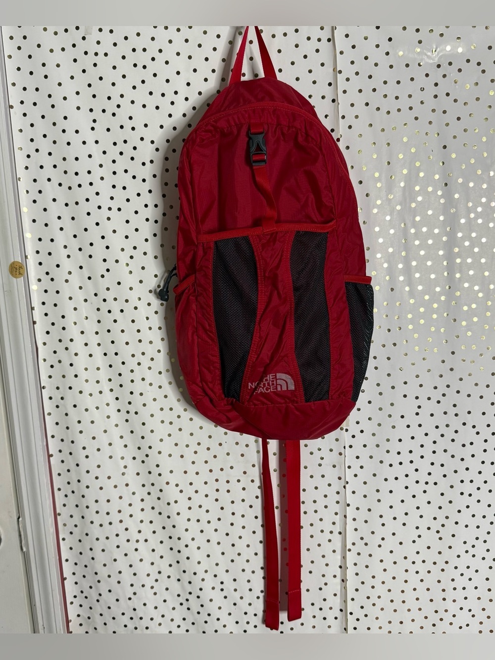 The North Face Red Backpack with Black Mesh Accents